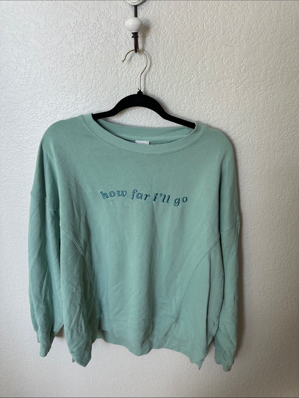 Disney Mint Green Crewneck Sweatshirt with 'how far i'll go' Script
